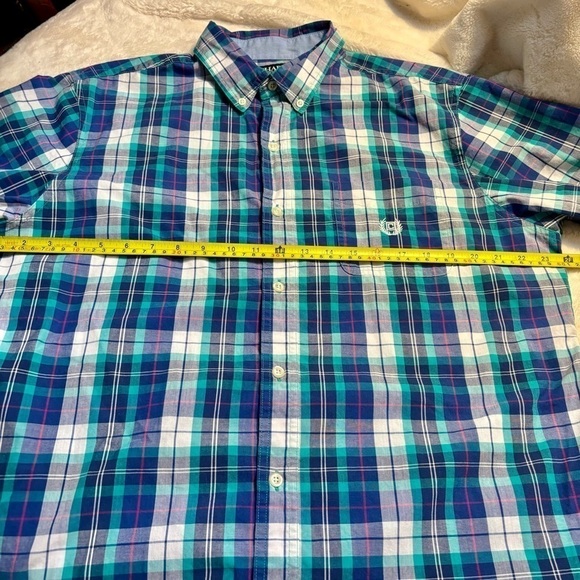 Chaps Button-Down Shirt Large Blue Teal Green White Plaid Easy Care Short Speve - Picture 7 of 9